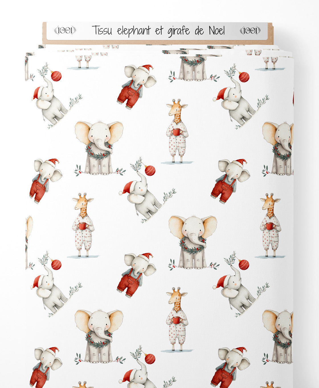 Tissu - elephant et girafe de Noel