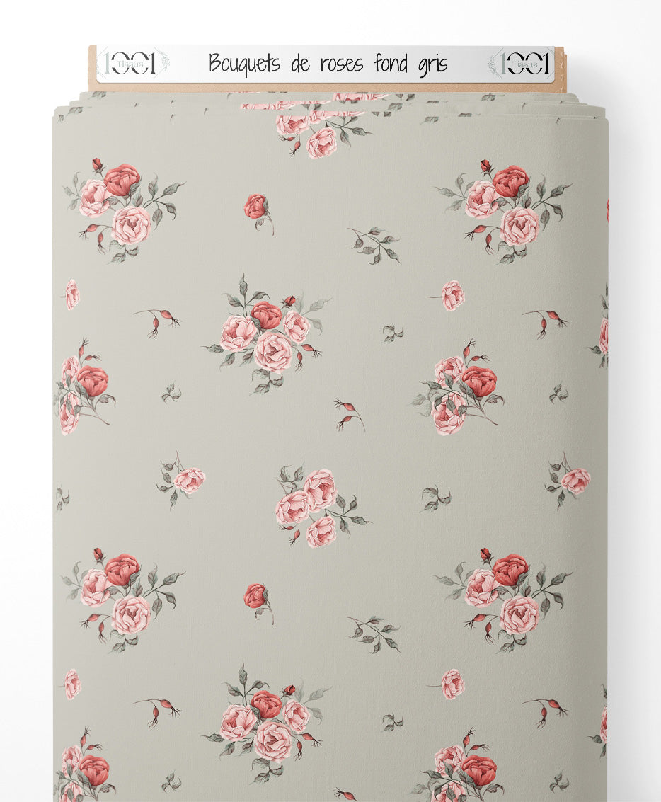 Tissu - Bouquets de roses sur fond gris