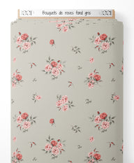 Tissu - Bouquets de roses sur fond gris