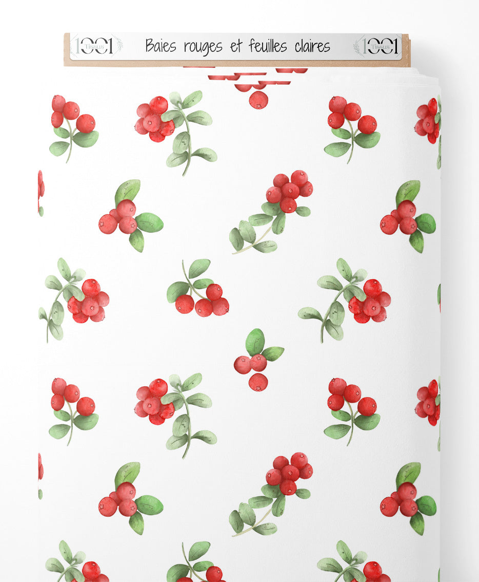 Tissu - Baies rouges et feuilles claires