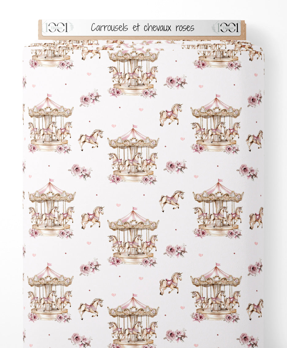 Tissu - Carrousels et chevaux roses