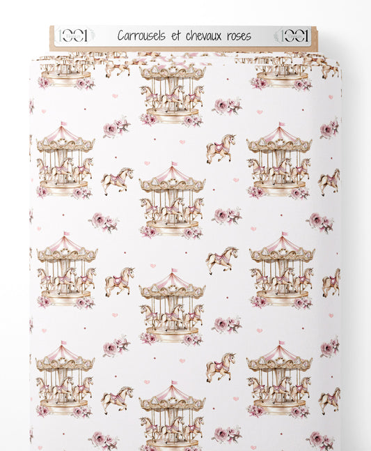 Tissu - Carrousels et chevaux roses