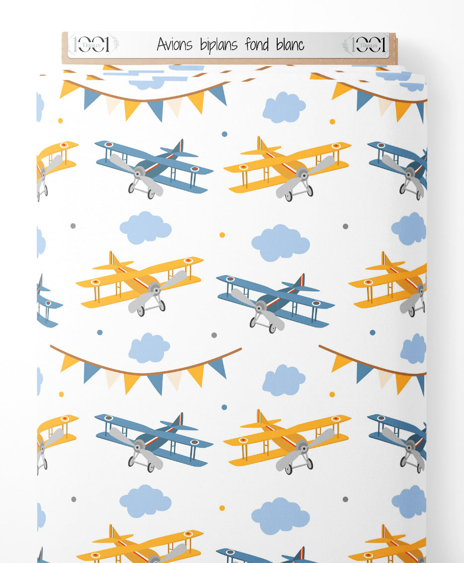 Tissu - Avions biplans sur fond blanc