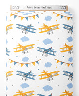 Tissu - Avions biplans sur fond blanc
