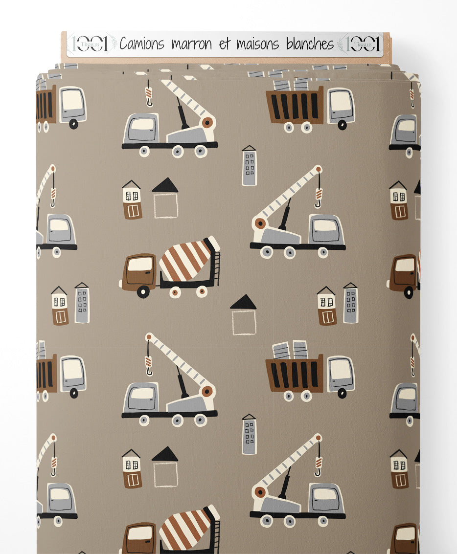 Tissu - Camions marron et maisons blanches