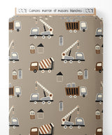 Tissu - Camions marron et maisons blanches