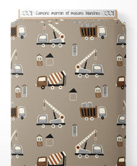 Tissu - Camions marron et maisons blanches