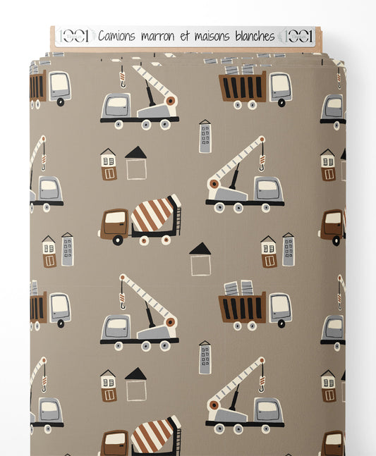 Tissu - Camions marron et maisons blanches