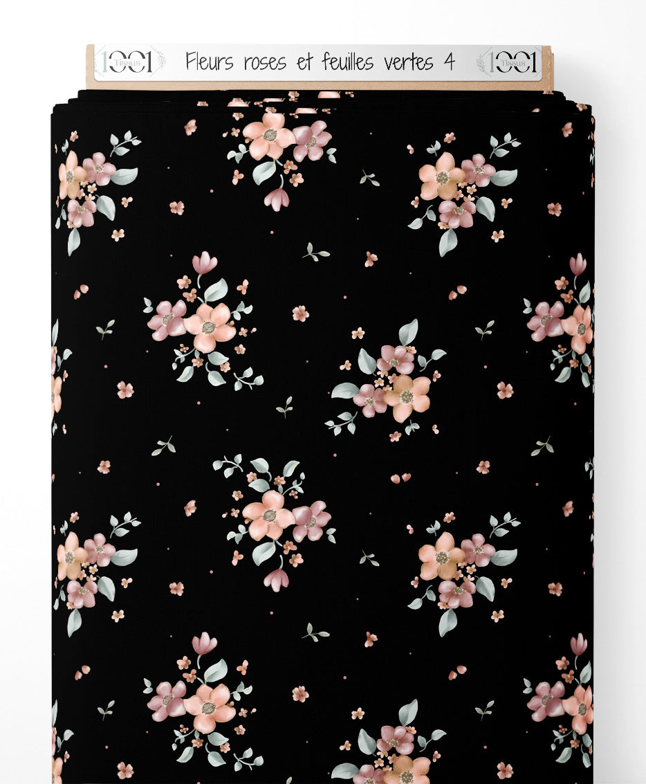 Tissu - Fleurs roses et feuilles vertes 4