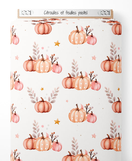 Tissu - Citrouilles et feuilles pastel