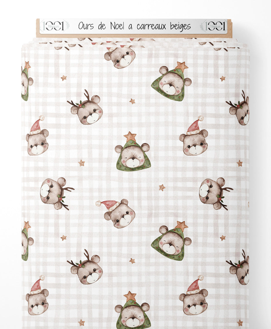 Tissu - Ours de Noël à carreaux beiges