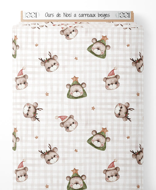 Tissu - Ours de Noël à carreaux beiges