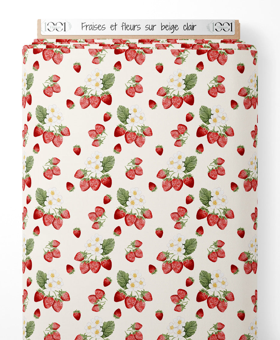Tissu - Fraises et fleurs sur beige clair