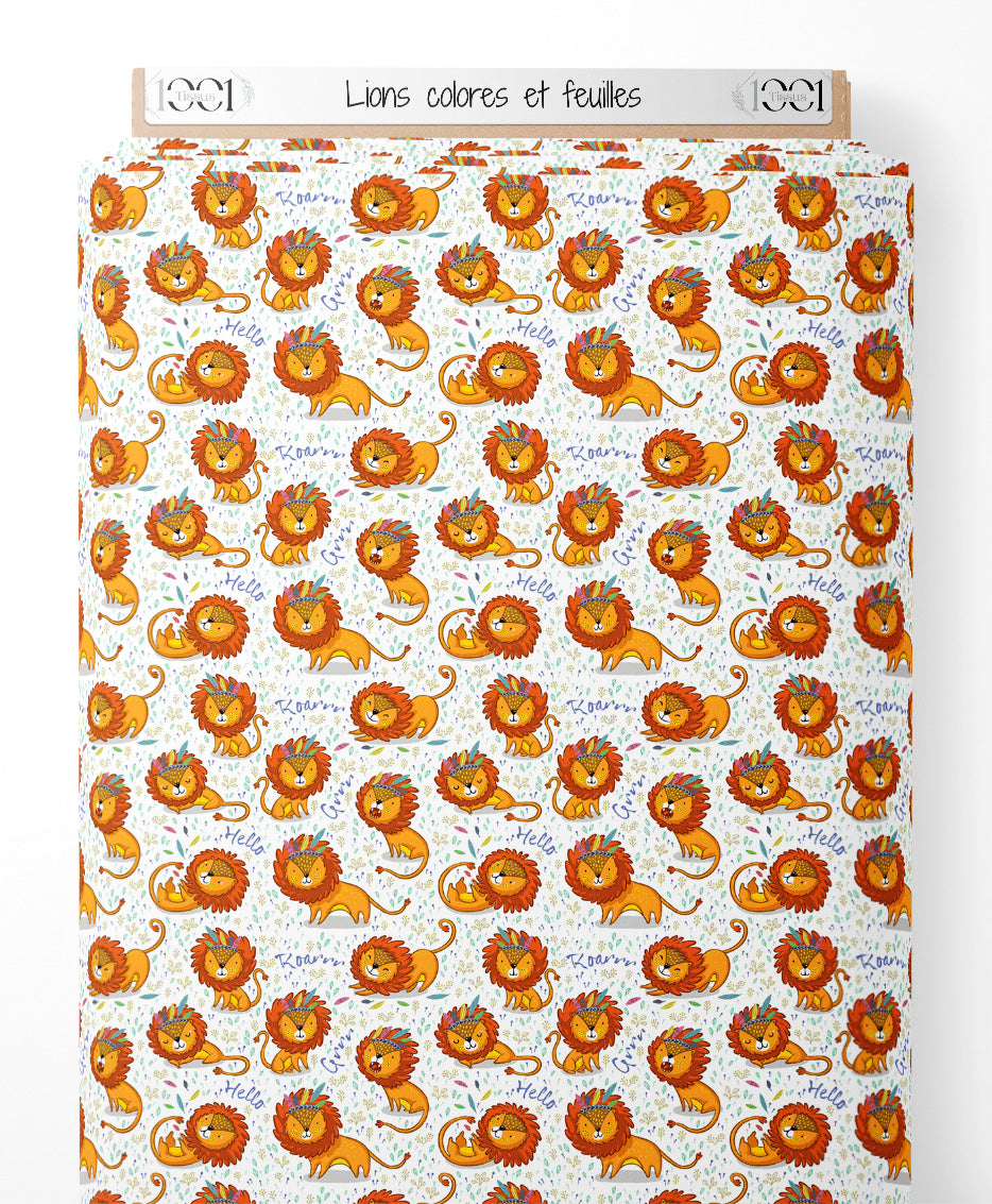 Tissu - Lions colorés et feuilles