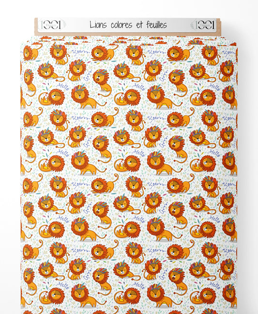 Tissu - Lions colorés et feuilles