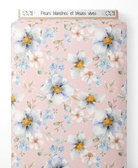 Tissu - Fleurs blanches et bleues vives
