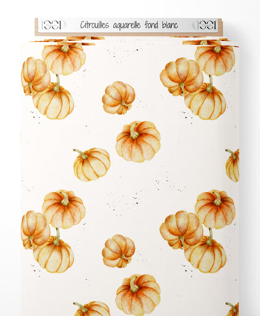 Tissu - Citrouilles aquarelle fond blanc