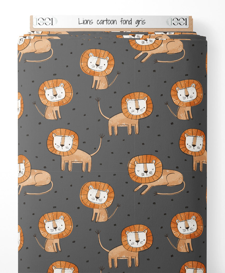Tissu - Lions cartoon fond gris