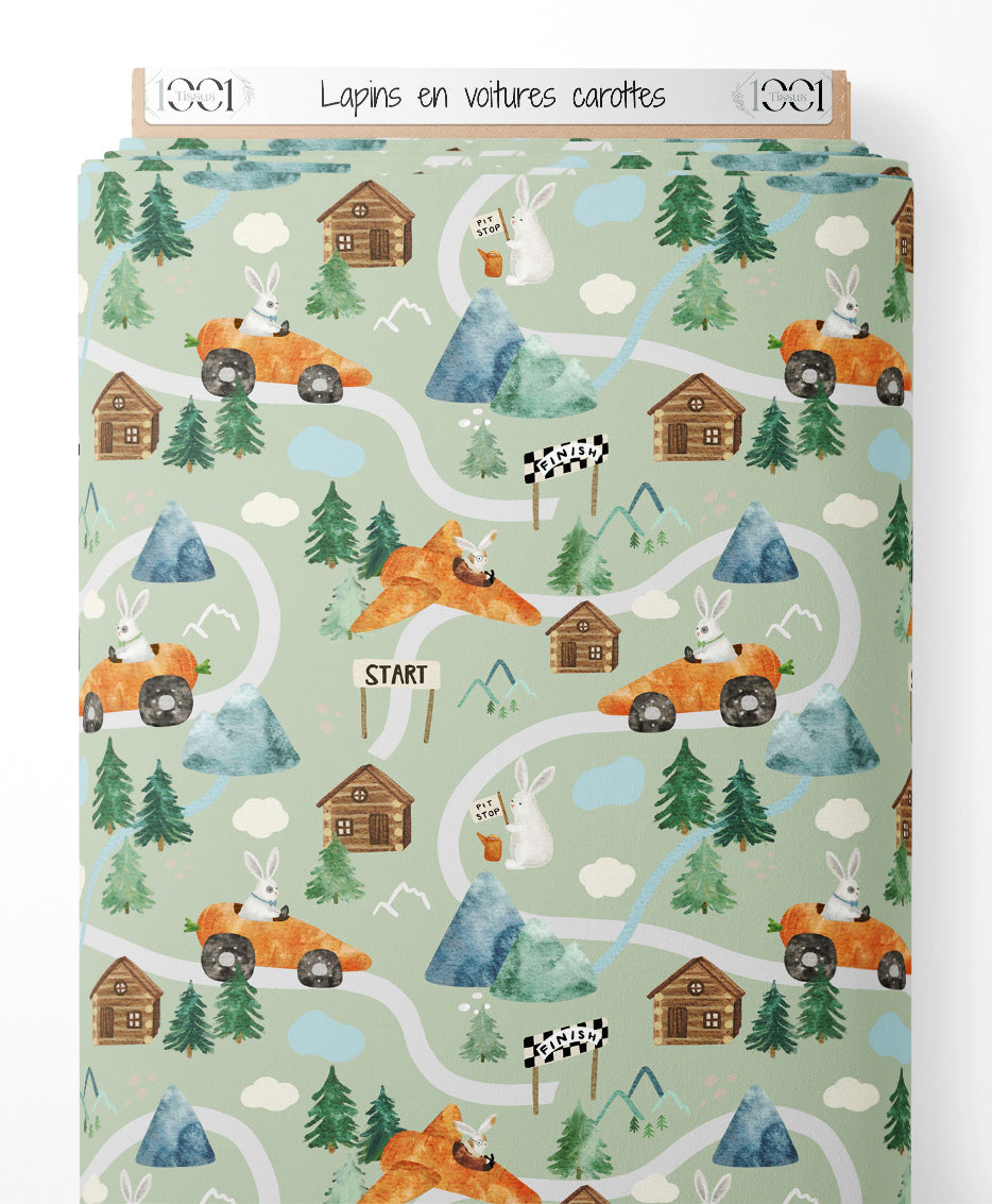 Tissu - Lapins en voitures carottes