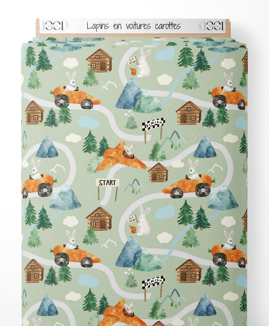 Tissu - Lapins en voitures carottes