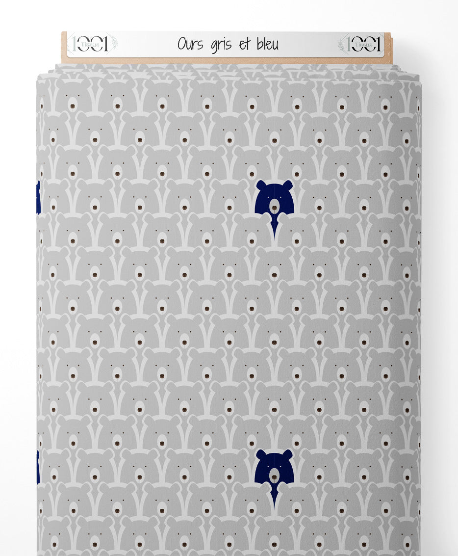 Tissu - Ours gris et bleu