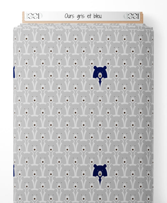 Tissu - Ours gris et bleu