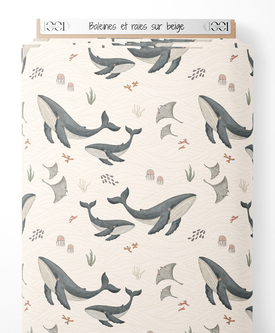 Tissu - Baleines et raies sur beige