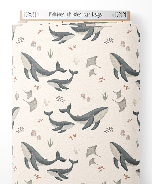 Tissu - Baleines et raies sur beige