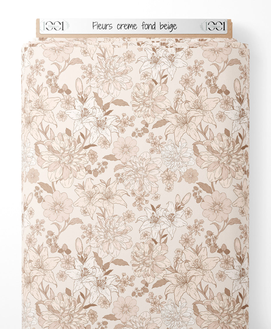 Tissu - Fleurs crème sur fond beige