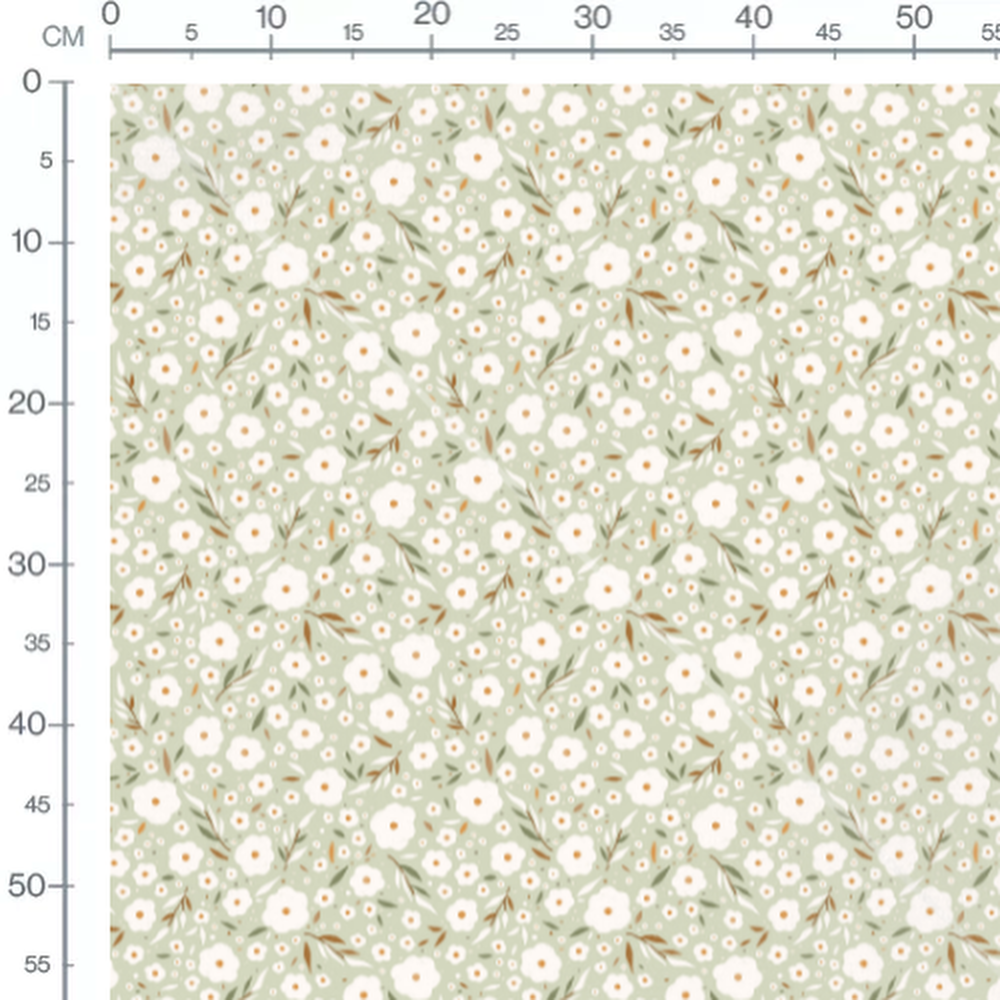 Tissu - Fleurs blanches sur vert clair