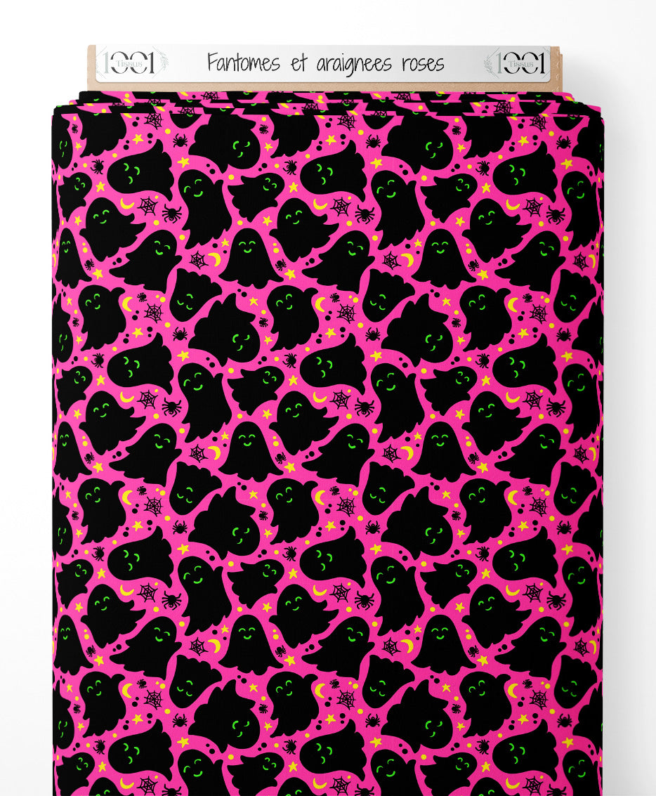 Tissu - Fantômes et araignées roses