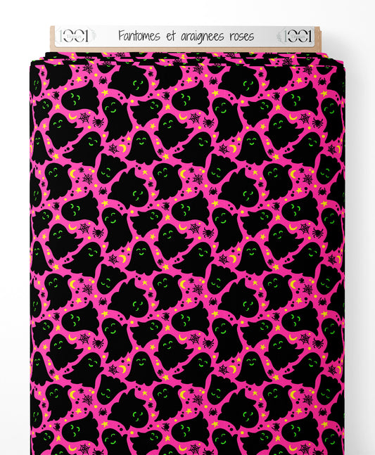 Tissu - Fantômes et araignées roses