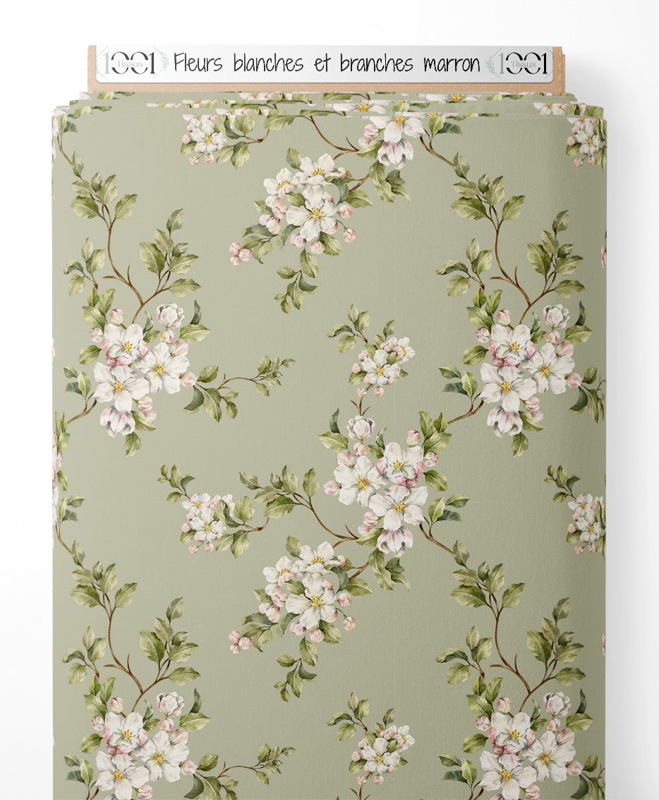 Tissu - Fleurs blanches et branches marron