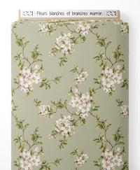 Tissu - Fleurs blanches et branches marron