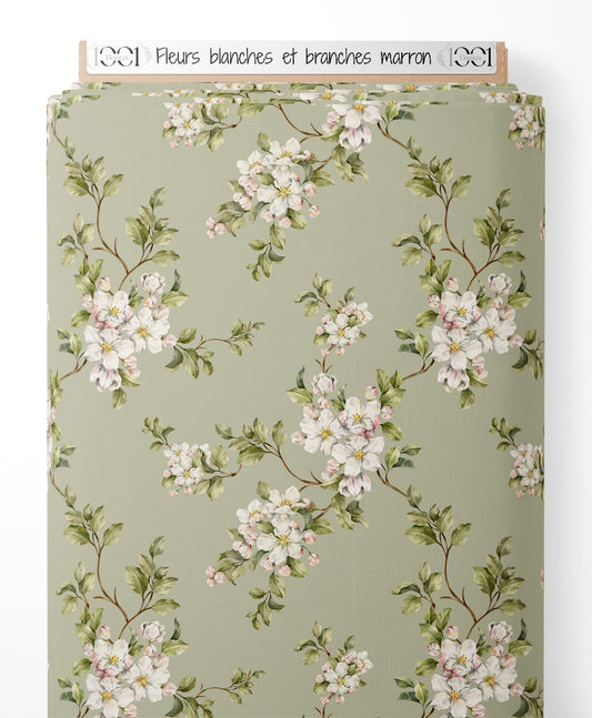 Tissu - Fleurs blanches et branches marron