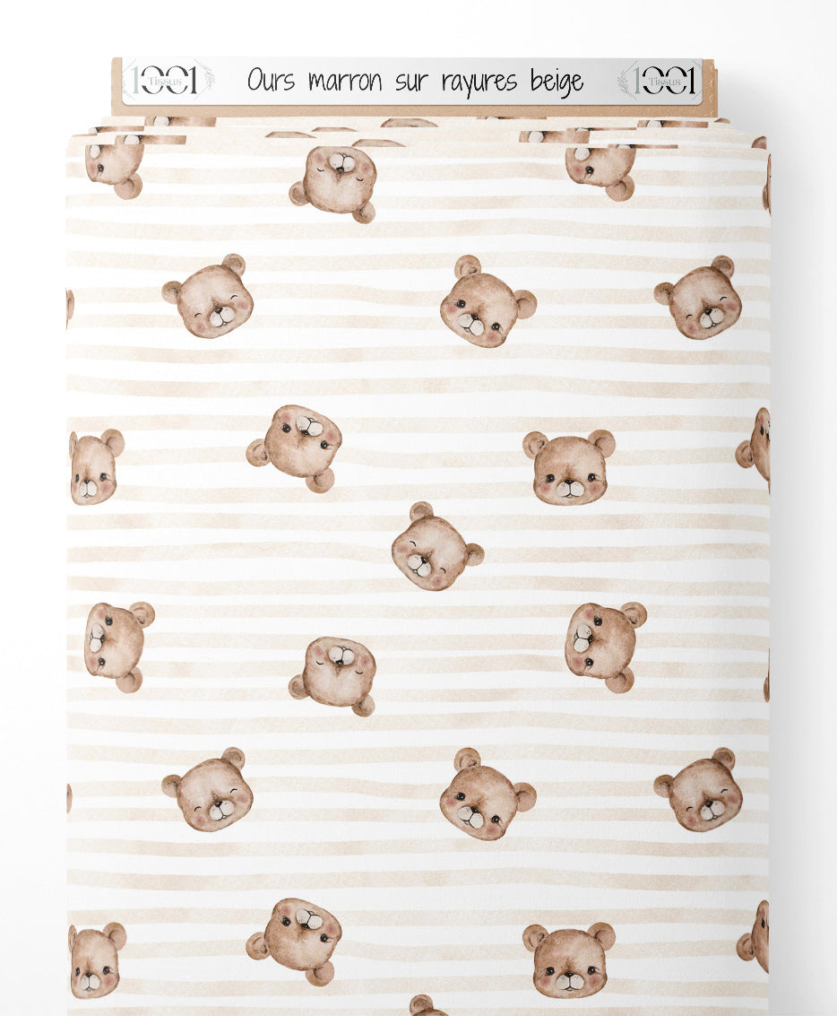 Tissu - Ours marron sur rayures beige