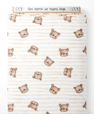 Tissu - Ours marron sur rayures beige