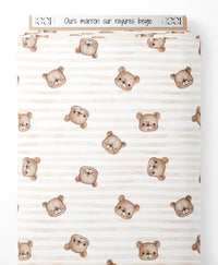 Tissu - Ours marron sur rayures beige