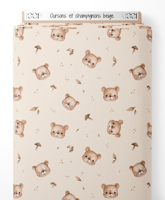 Tissu - Oursons et champignons beige