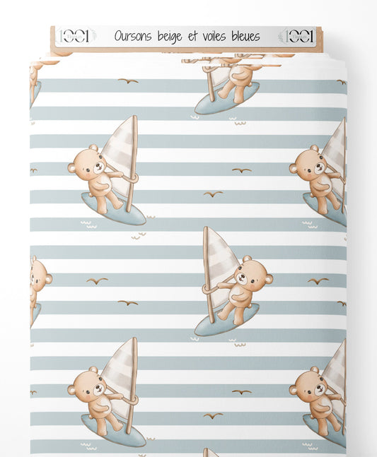 Tissu - Oursons beige et voiles bleues