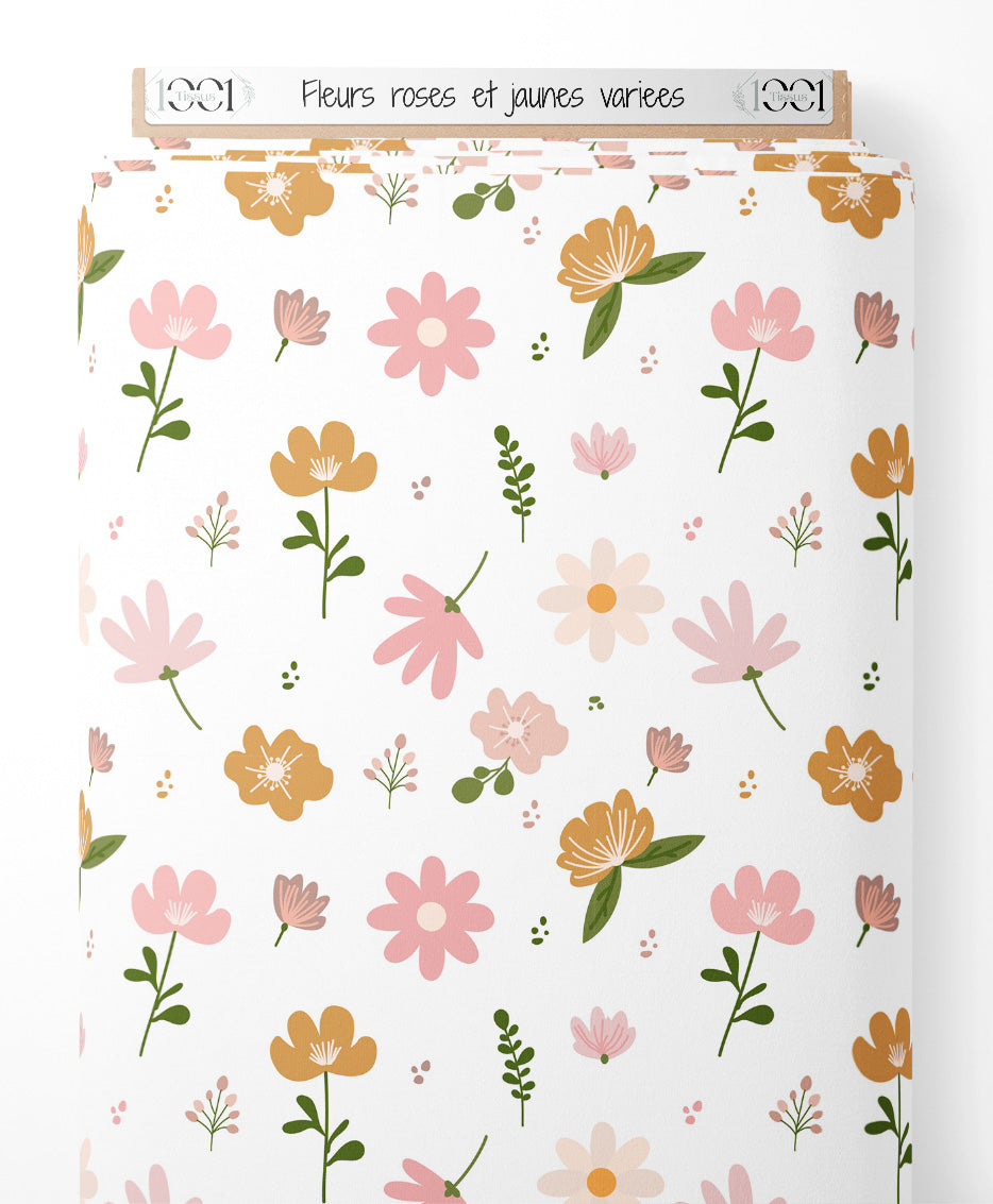 Tissu - Fleurs roses et jaunes variées