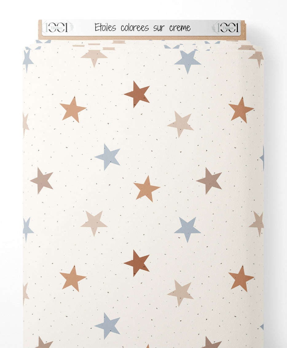 Tissu - Étoiles colorées sur crème
