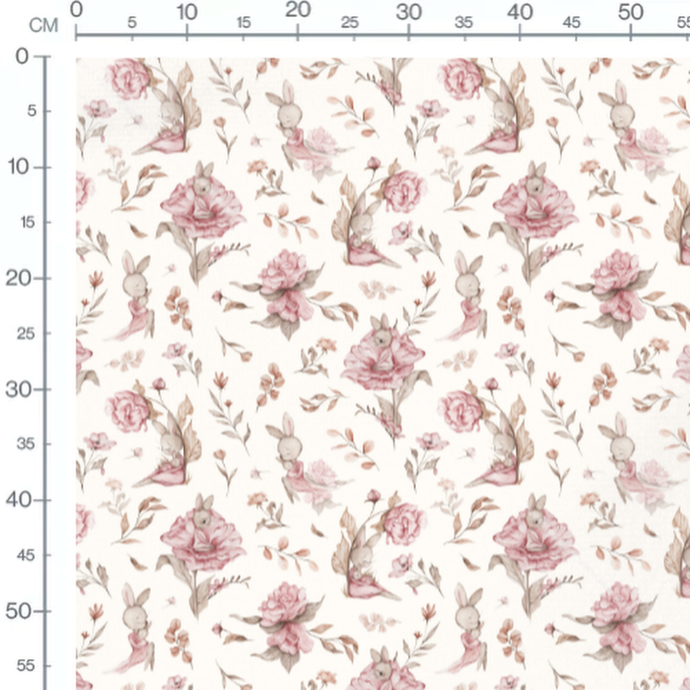 Tissu - Lapins roses et fleurs blanches 3