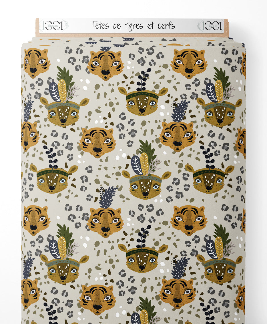 Tissu - Têtes de tigres et cerfs