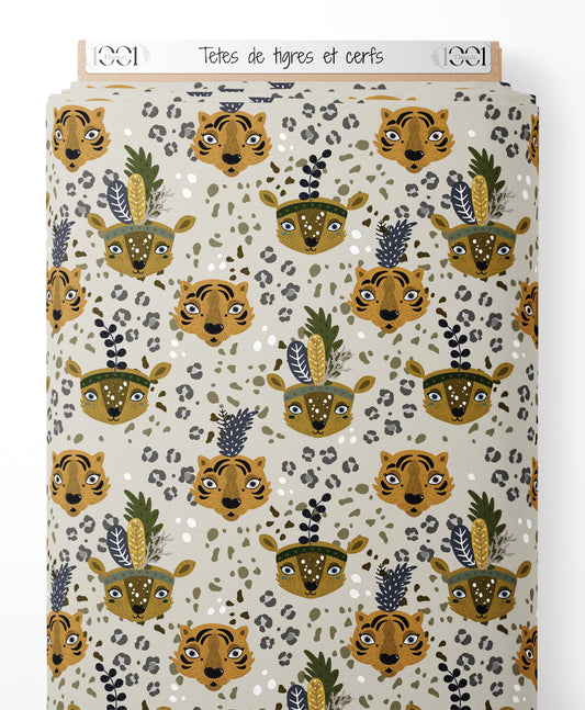 Tissu - Têtes de tigres et cerfs