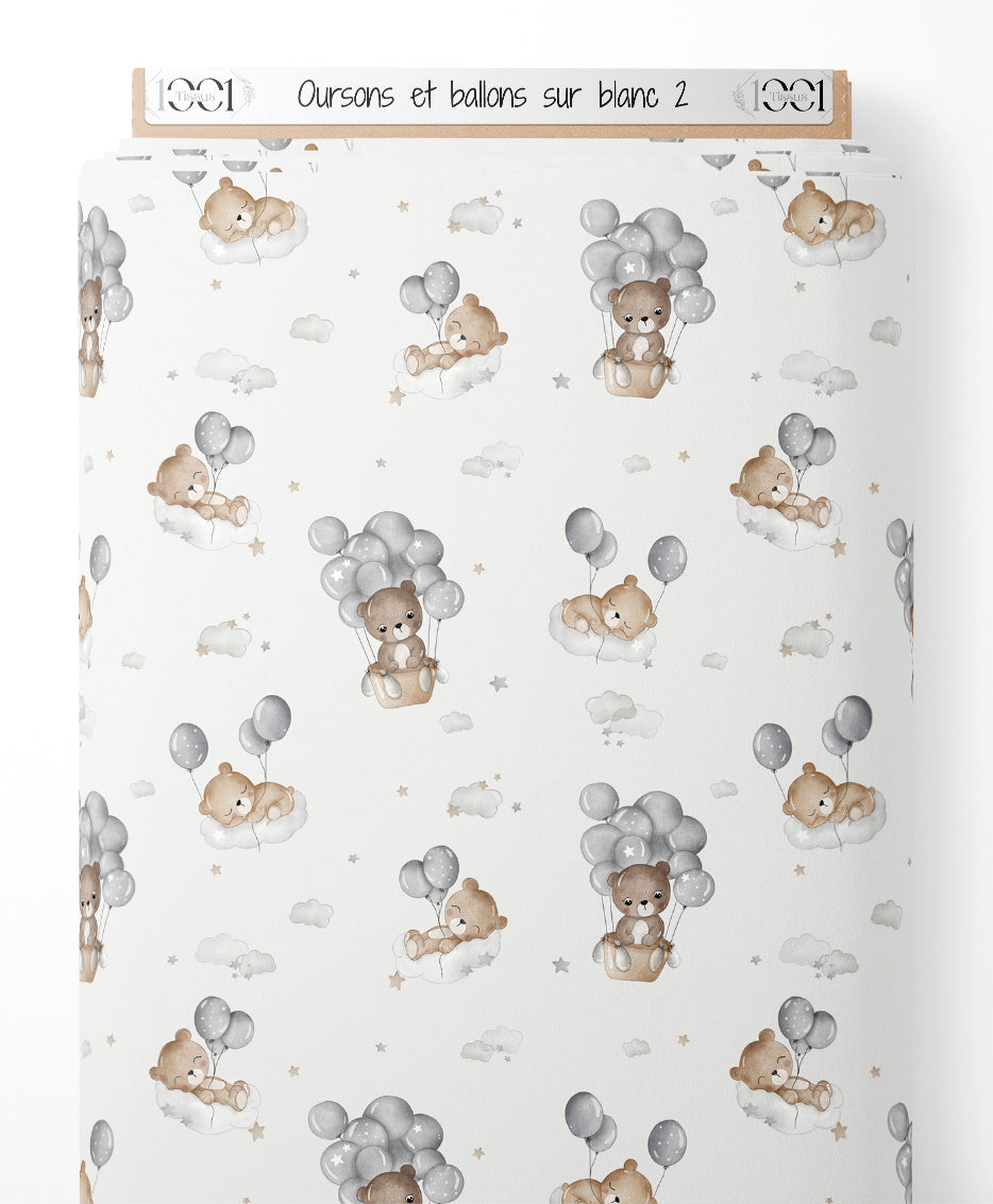 Tissu - Oursons et ballons sur blanc 2