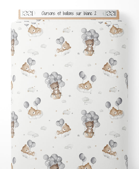 Tissu - Oursons et ballons sur blanc 2