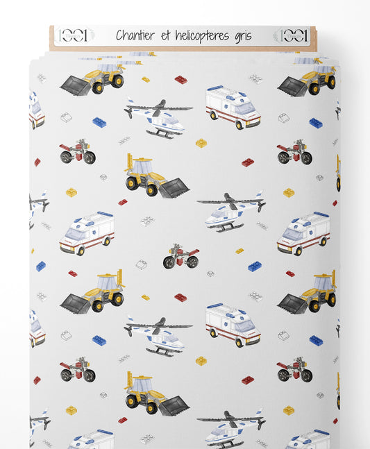 Tissu - Chantier et hélicoptères gris