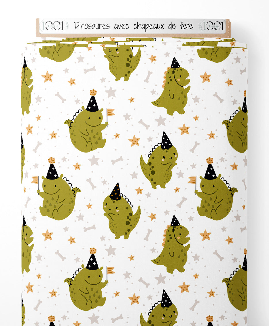 Tissu - Dinosaures avec chapeaux de fête