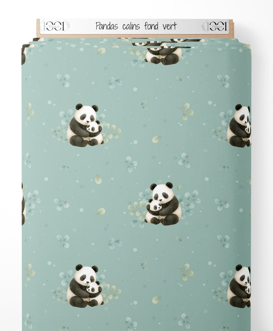 Tissu - Pandas câlins fond vert